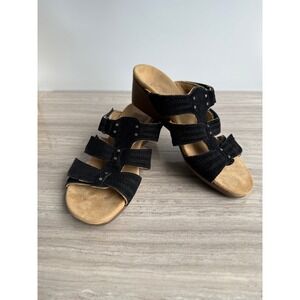 Vionic Wedge Sandals Corra Black Suede Studded‎ Straps Orthotic Comfort Boho 7